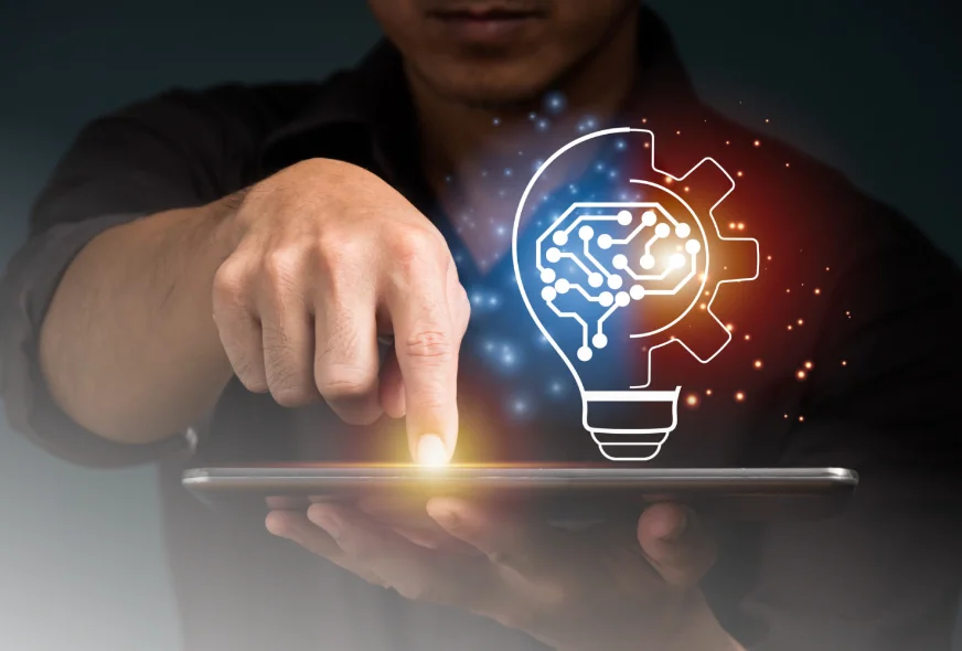 Illustration of a patent document with a computer and technology icons in the background, representing the process of patenting software and tech innovations.